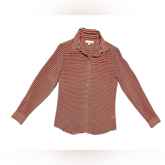 Banana Republic 100% Silk Coral Pink/Navy Blue Striped Button Down Shirt Size XS - Picture 2 of 10
